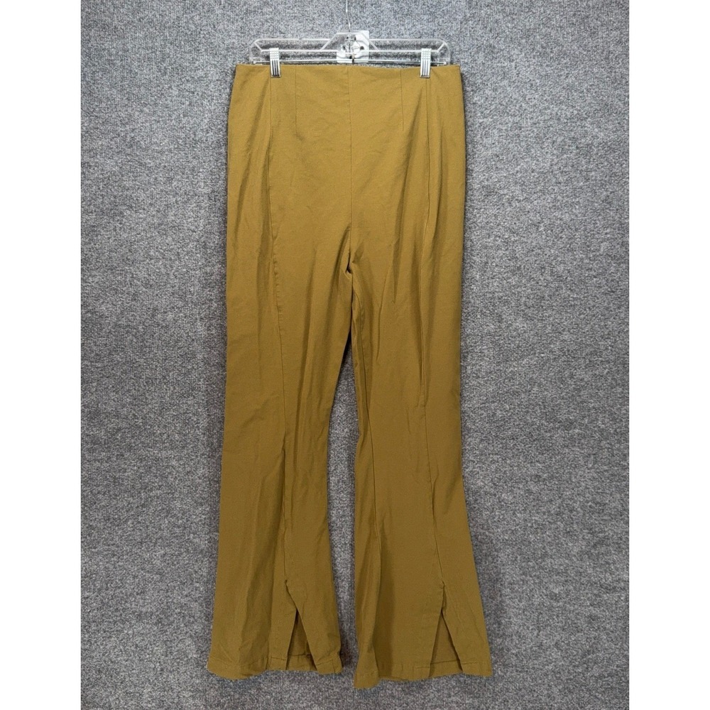 Free People Flare Pants Women XL Olive Green Split Hem Boho High Rise Stretch